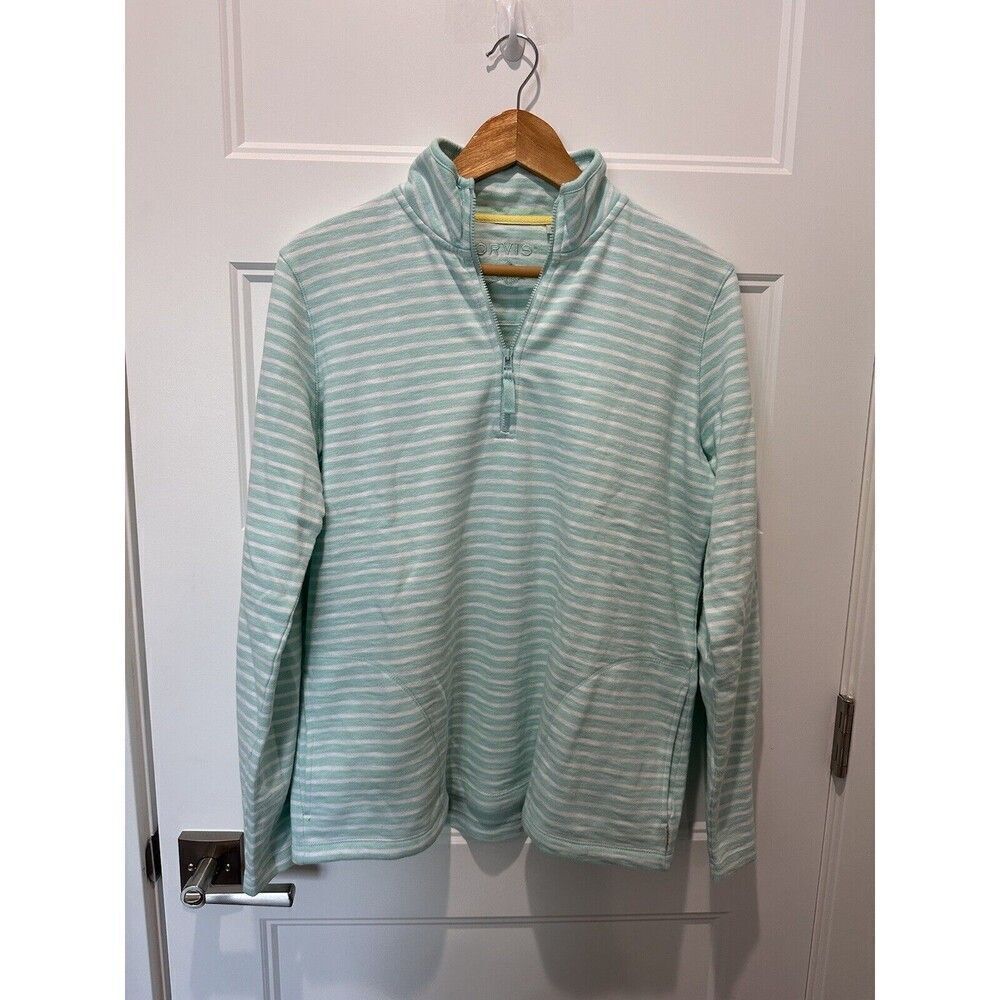 Orvis 1/4 Zip Long Sleeve Blue White Striped Pullover Sweater Cozy Size M Cotton